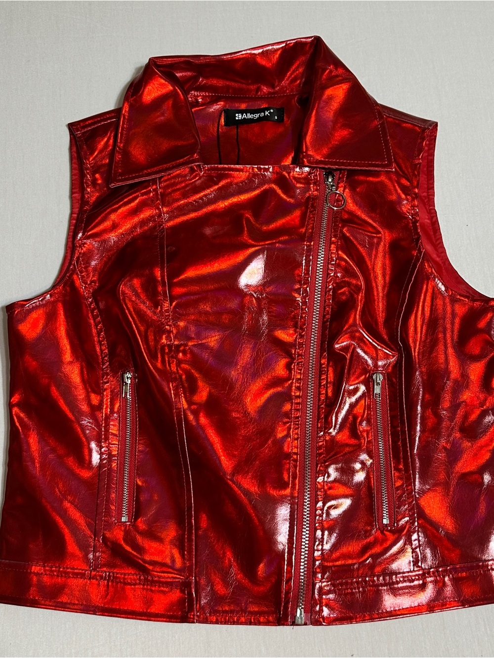 Allegra K Red Metallic Faux Leather Moto Vest